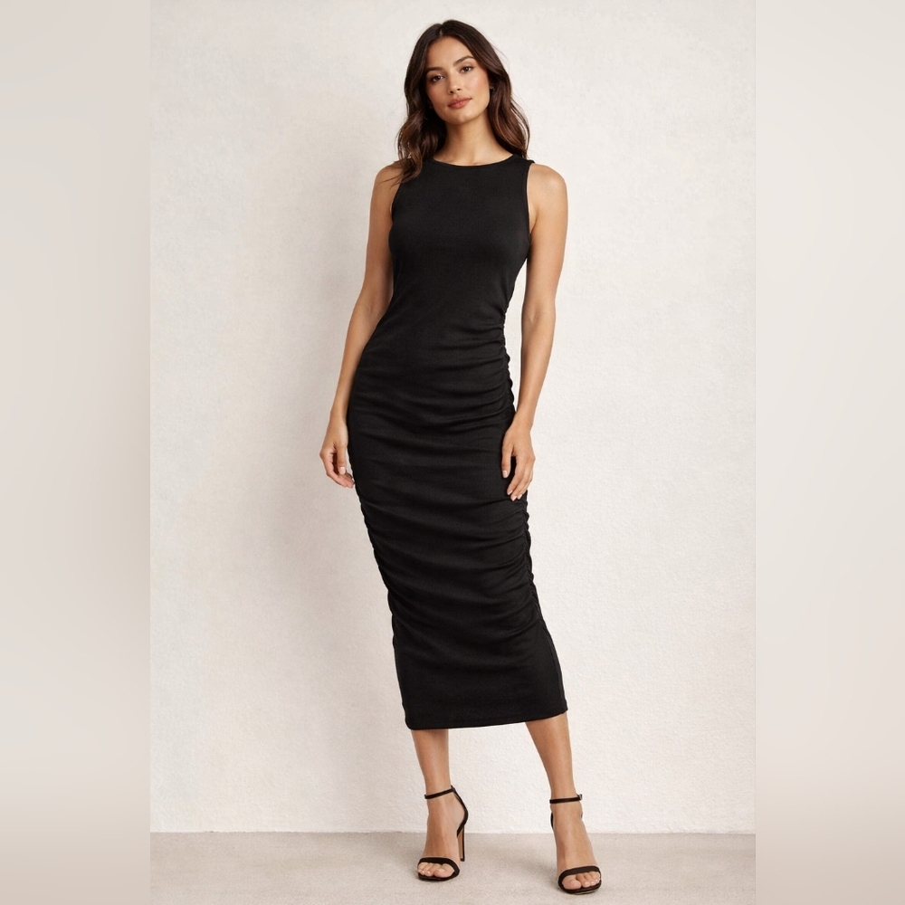 NWT Michael Stars Charlotte Midi Dress L Black Ultra Ribbed Ruched Bodycon